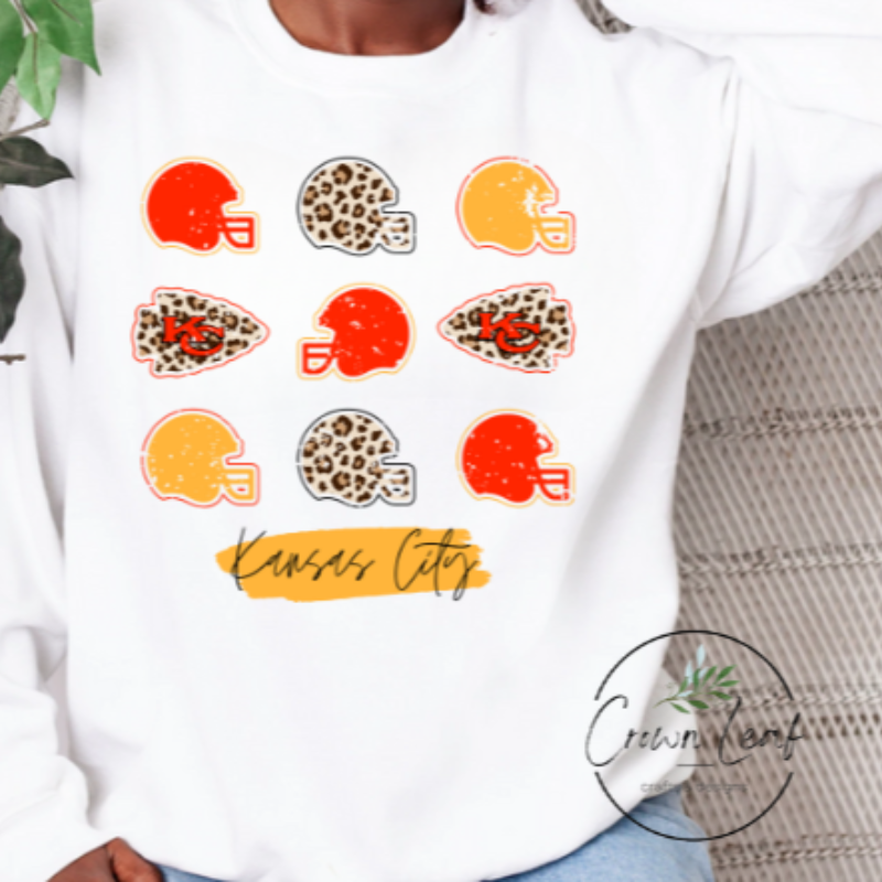 KC Football and Helmets [White Gildan Softstyle Tee, Gildan Crewneck Sweatshirt or Hoodie] Main Image